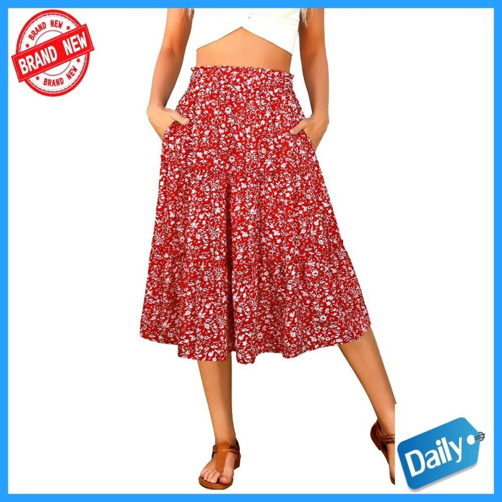 Midi Skirt with Pockets High Waist A-Line Tiered Ruffle Summer Beach